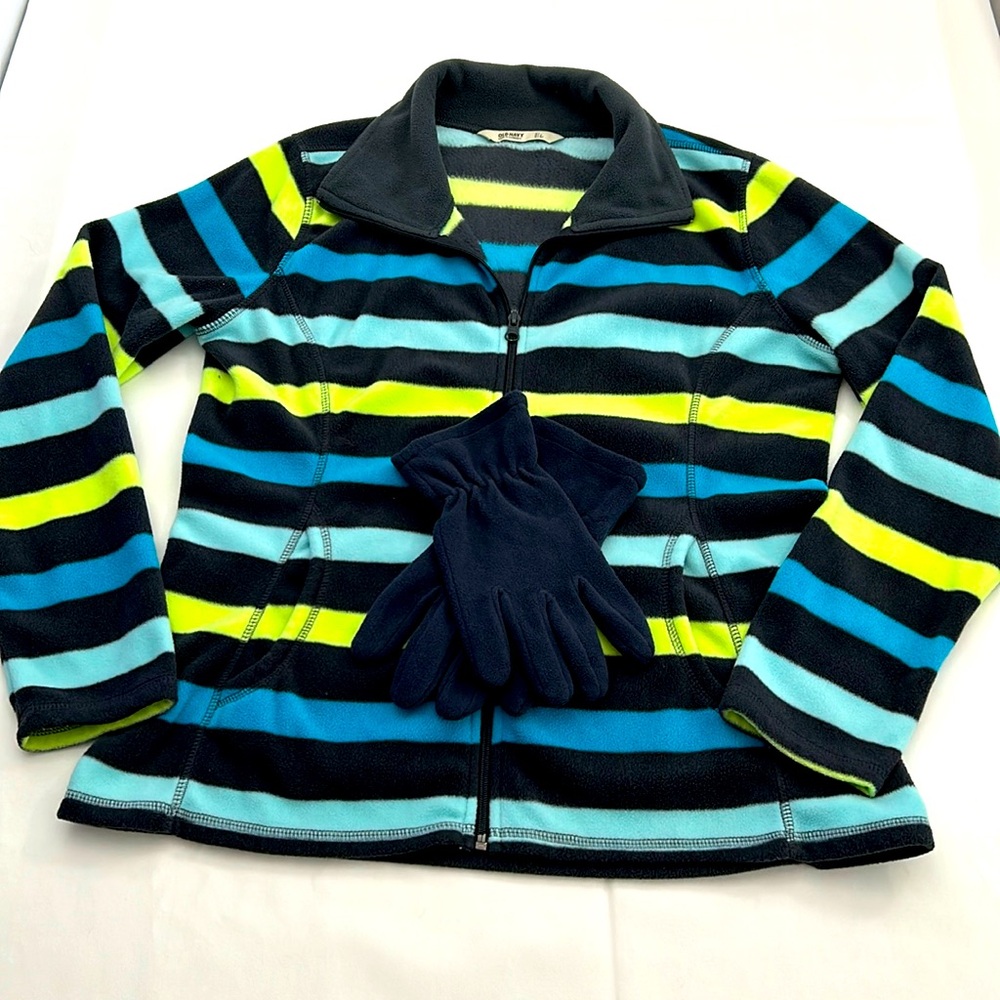 Old Navy Striped Full Zip Fleece‎ Women’s Size Large Matching Gloves